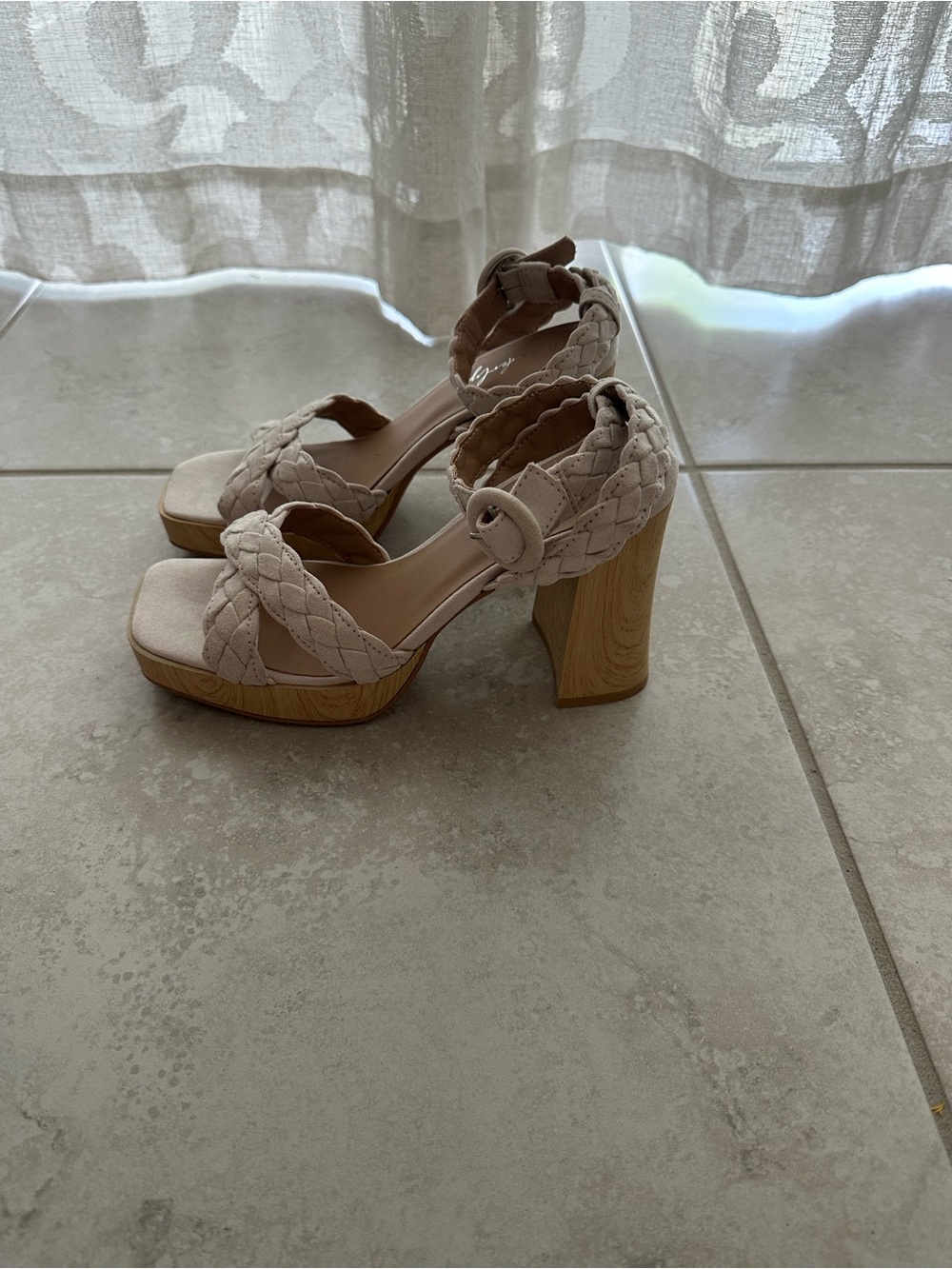 Braided Block Heel Sandals in Light Beige - Women's